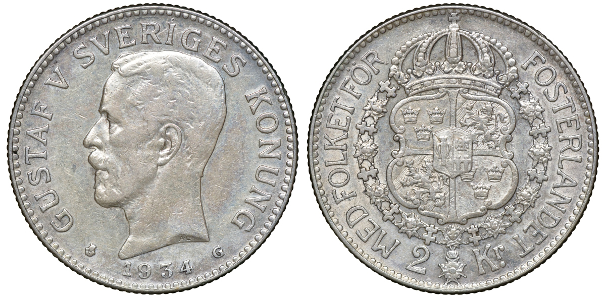 Швеция 2 кроны 1934 G, Густав V (1907-1950) KM 787 серебро 4178-1325