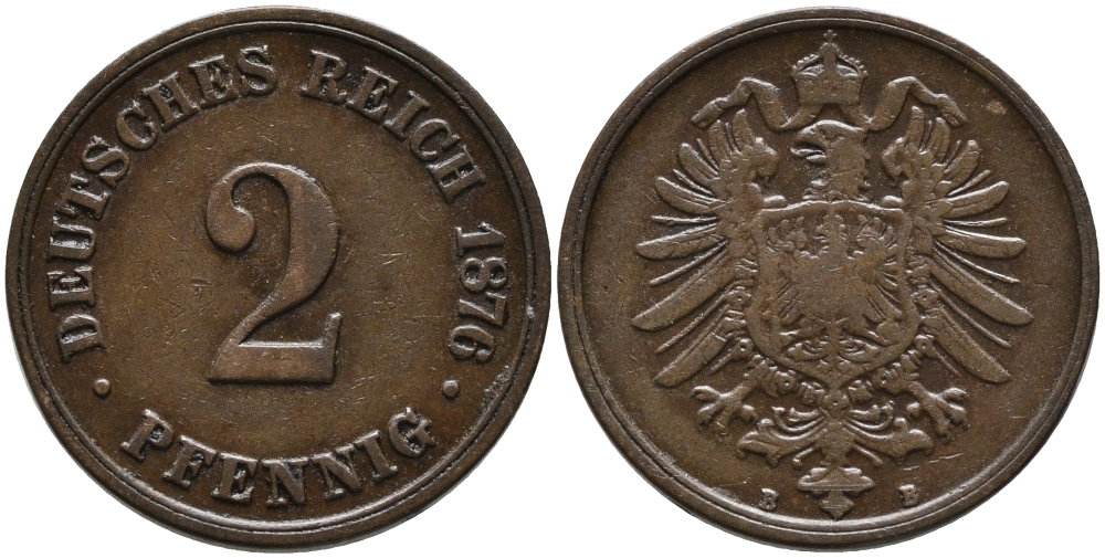 Германия 2 пфеннига 1876 B, старогербовка KM 2, Jager 2, Weege 3 медь 4110-1727