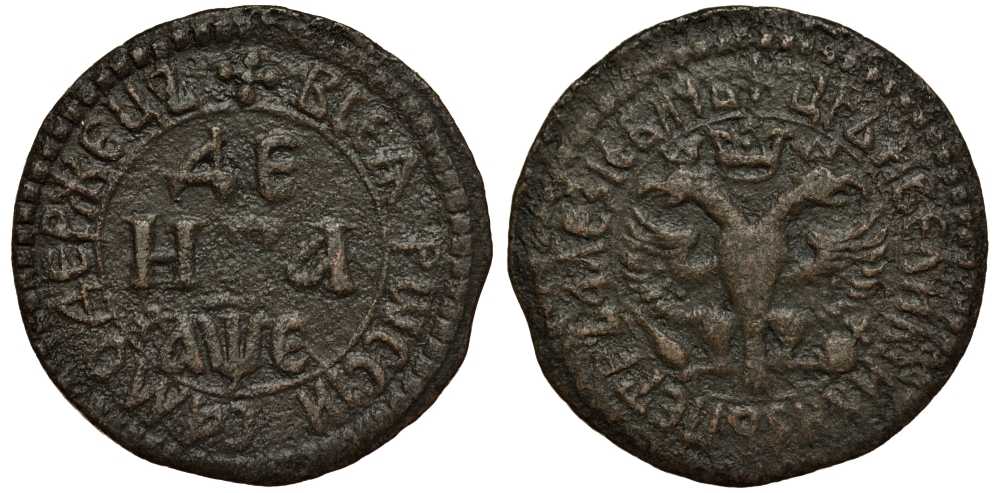 Россия деньга 1705 Набережный монетный двор Биткин 2584 R, Брекке 111 (25 долларов) медь 00-808-64