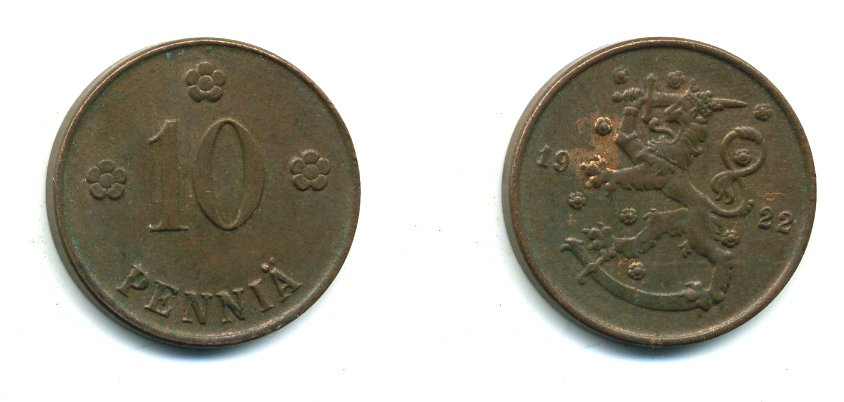 Финляндия 10 пенни 1922 республика (1918-1962) KM 24 медь 46-644