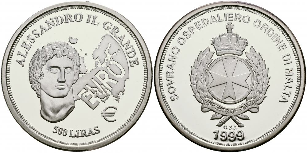 Мальта 500 лир 1999 Александр Великий, еврозона KM Х302 серебро  PROOF  11-224-23