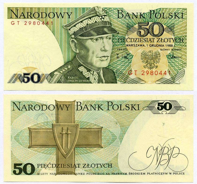 Польша 50 злотых 1988 Кароль Сверчевский, знак Грюнвальдского ордена Pick 142 c бумага UNC (пресс) 8611-55-1-2