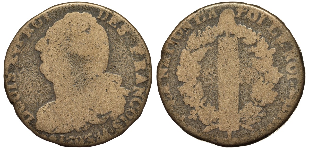 ФРАНЦИЯ 2 СОЛЯ 1793 АА, ЛЮДОВИК XVI KM 603.2 бронза 1524-745
