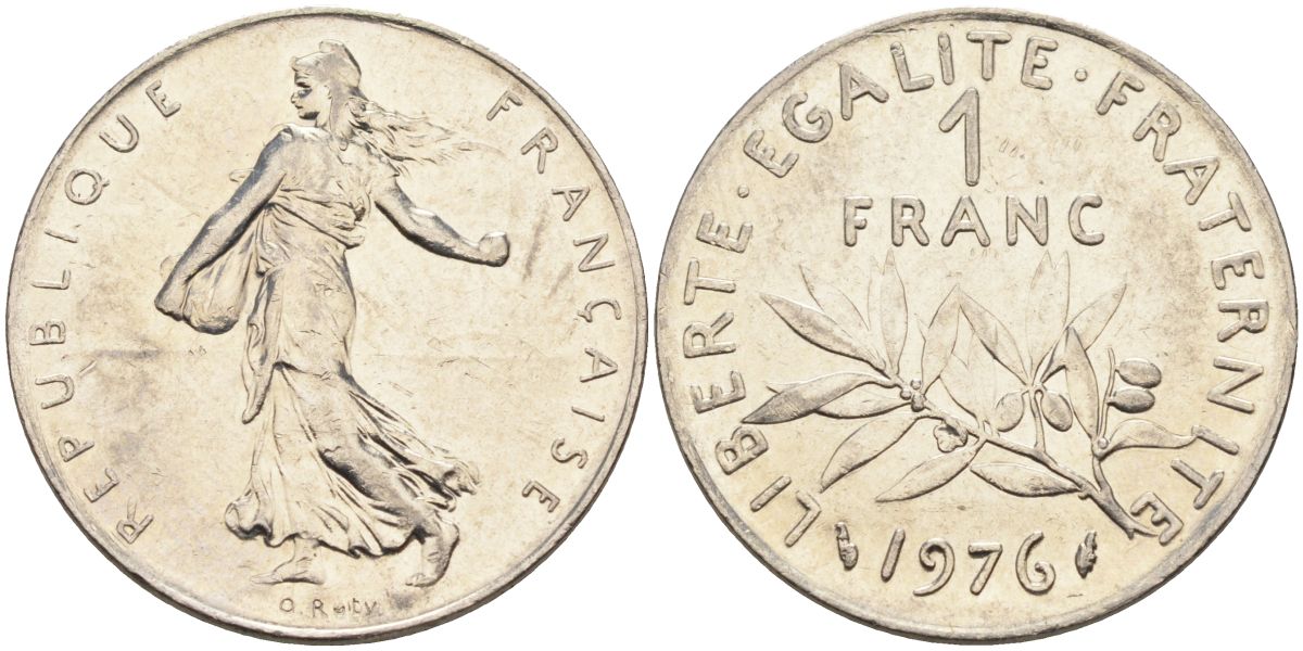Франция 1 франк 1976 сеятель, тип Semeuse KM 925, Le Franc 226.21 никель 4592-1121
