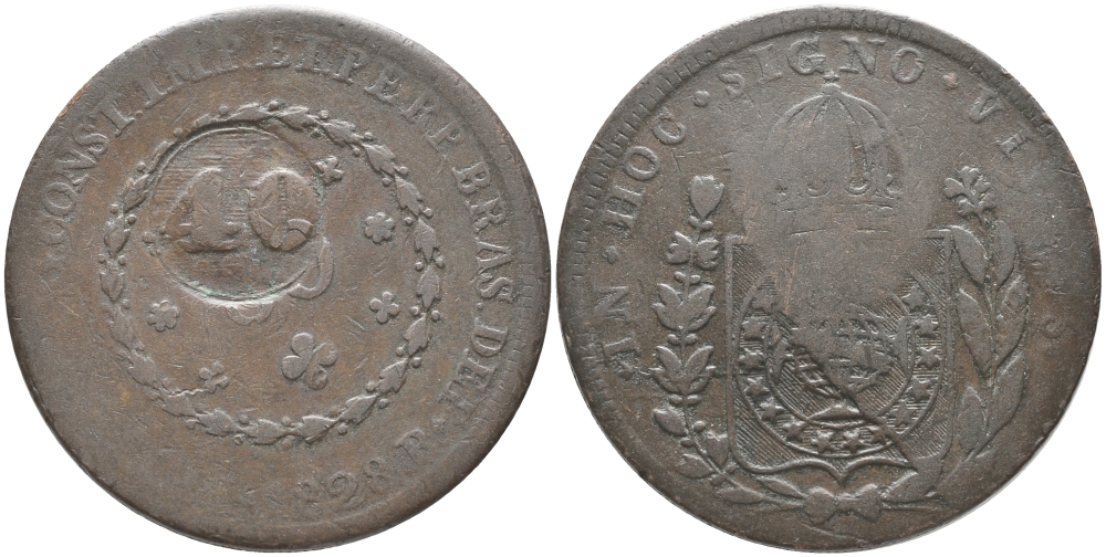 Бразилия 40 рейс 1835 провинция ICO, надчеканка на 80 рейсах 1828 В, ПЕДРО I KM 444.2 медь 1066-7-43