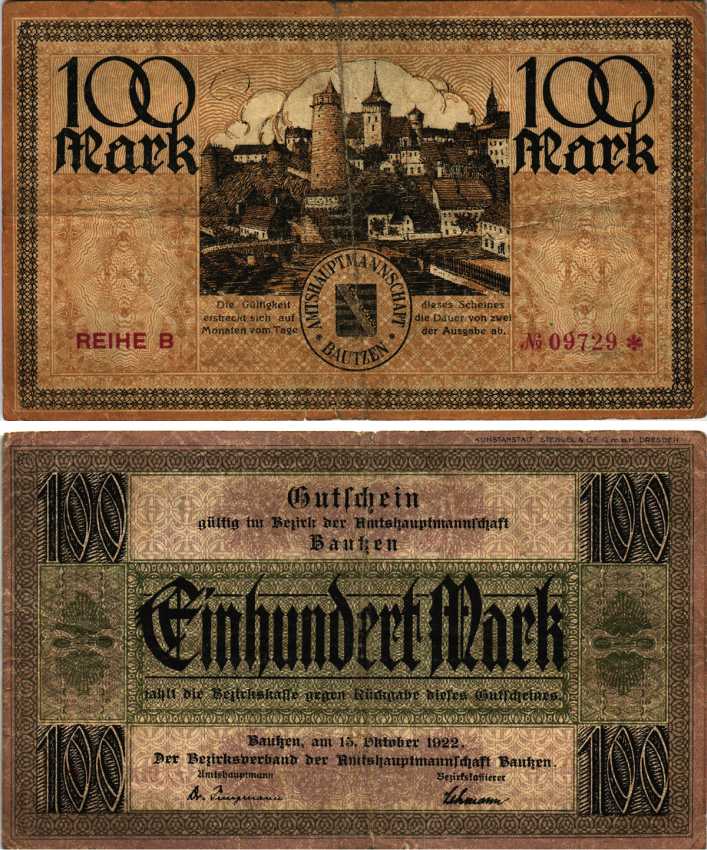 БАУТЦЕН 100 МАРОК 1922 НОТГЕЛЬД, 15 ОКТЯБРЯ 1922, ЗЕМЛЯ САКСОНИЯ Muller 210.1 бумага 6300-34-2-1