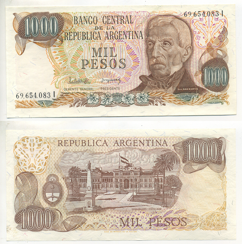 Аргентина 1000 песо 1982 серия I 69654, Генерал Сан Мартин Pick 304d бумага UNC (пресс) 6299-30-3