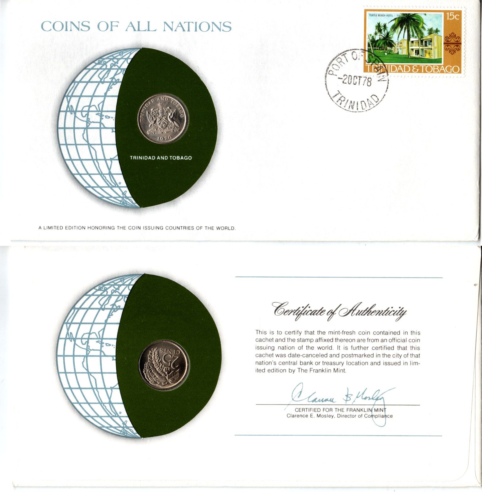 Тринидад и Тобаго 25 центов 1976 конверт с маркой первого дня гашения, Coins of Nations KM 32 медно-никель BU 4295-18-2