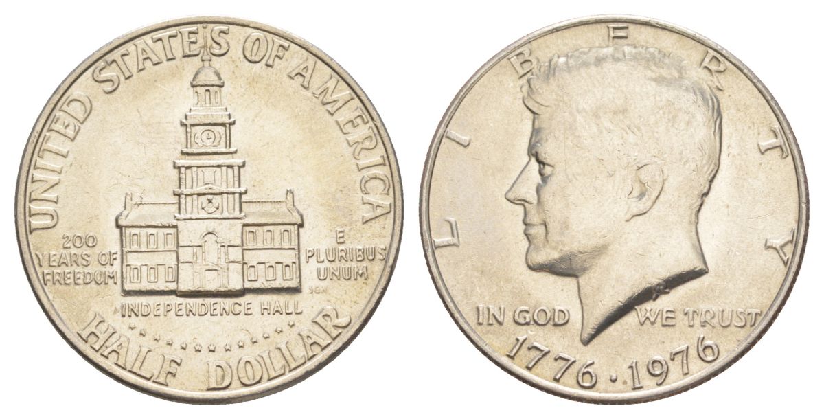 США 1/2 доллара (50 центов) 1976 200 лет независимости, Джон Кеннеди KM 205 медь плакированная медно-никелем aUNC 4545-223