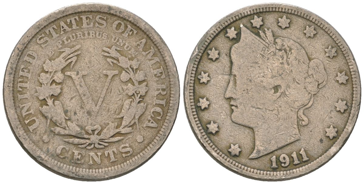 США 5 центов 1911 голова свободы KM 112 медно-никель 3336-356