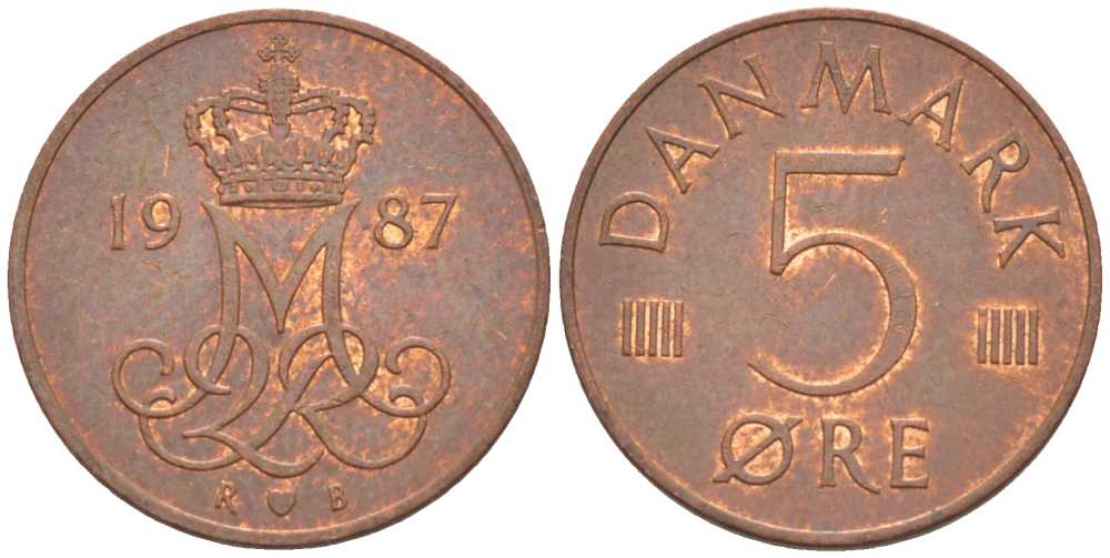 ДАНИЯ 5 ЭРЕ 1987 R; B, МАРГРЕТЕ II (1972-) KM 859.3 железо плакированное медью 4392-1123