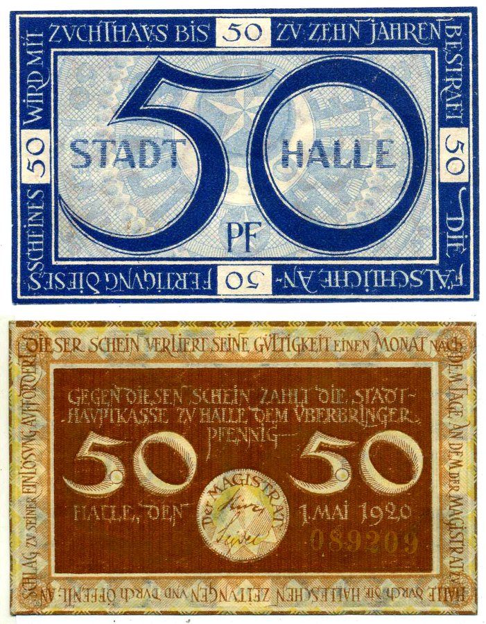 Галле 50 пфеннигов 1920 1 мая 1920, нотгельд, земля Саксония-Анхальт, 4 мм Grabowski H4.5b бумага 2195-11-2-1