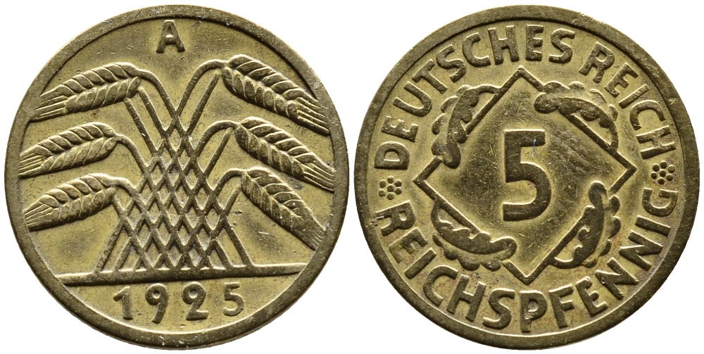 Германия 5 рейхспфеннигов 1925 A KM 39, J. 316, Weege 7 алюминиевая бронза 4387-1151