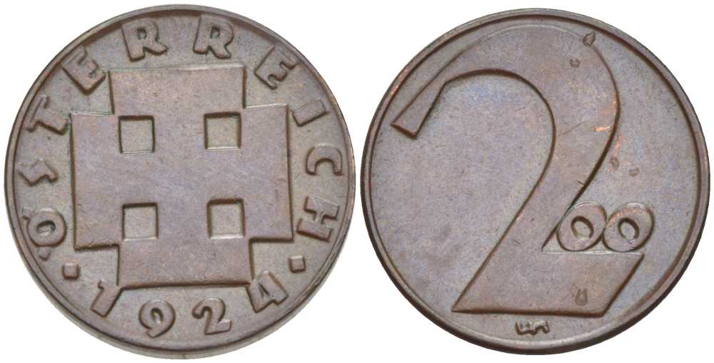 Австрия 200 крон 1924 Республика, денежная реформа KM 2833 бронза 201-163