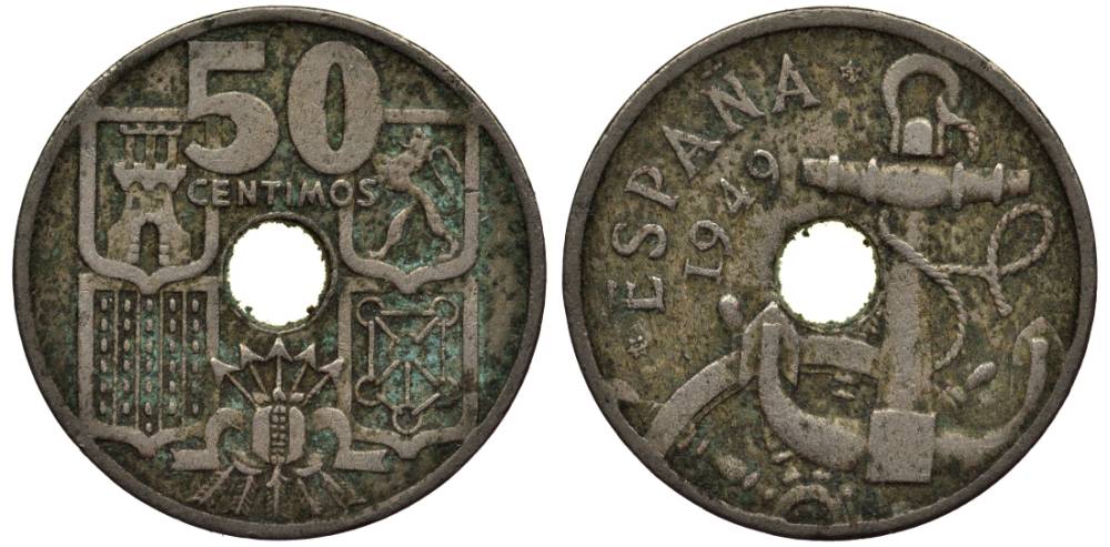 Испания 50 сентимо 1949 (54) Франсиско Франко (1939-1975), морская атрибутика KM 777 медно-никель 4549-839