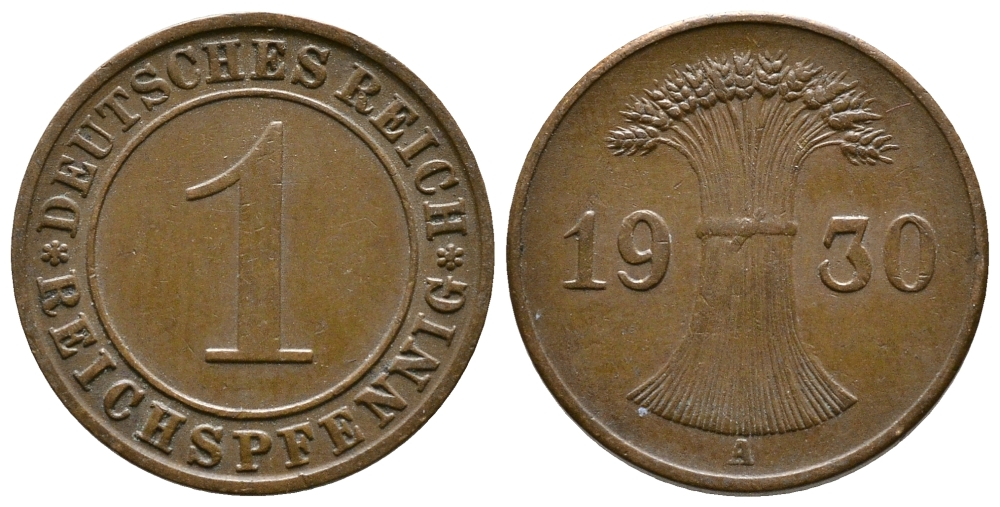 ГЕРМАНИЯ 1 РЕЙХСПФЕННИГ 1930 A KM 37, J. 313 бронза 4380-1211