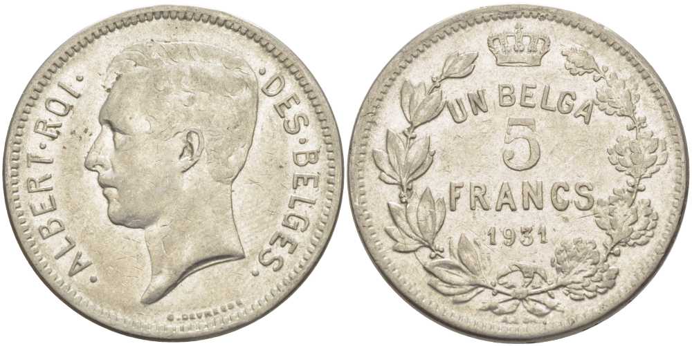 БЕЛЬГИЯ 5 ФРАНКОВ 1931 АЛЬБЕРТ I, DES BELGES KM 97.1 никель 3851-133