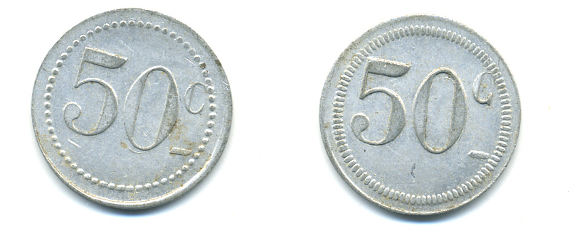 ФРАНЦИЯ 50 САНТИМОВ НАЧАЛО XX ВЕКА d 24 мм, вес около 1,0 гр., платежный жетон алюминий 89-755