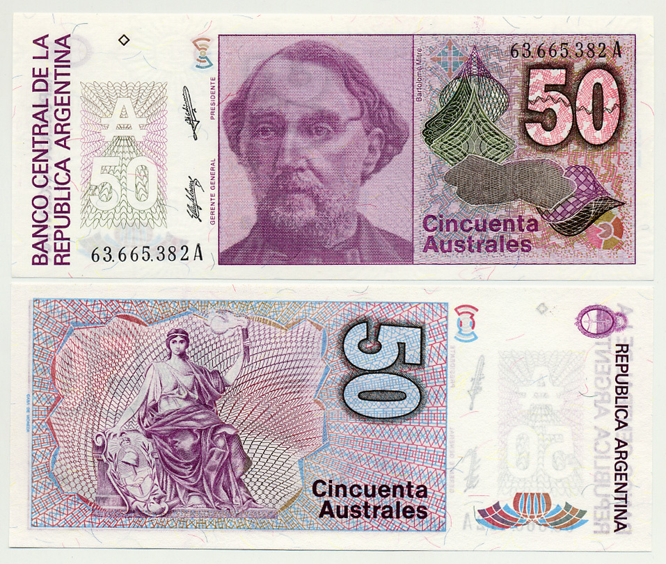 АРГЕНТИНА 50 АУСТРАЛЕЙ 1989 СЕРИЯ А 63665, БАРТОЛОМЕ МИТРЕ, АРГЕНТИНСКИЙ ПОЛИТИК, ПОЛКОВОДЕЦ Pick 326b бумага UNC (ПРЕСС) 6301-12-1