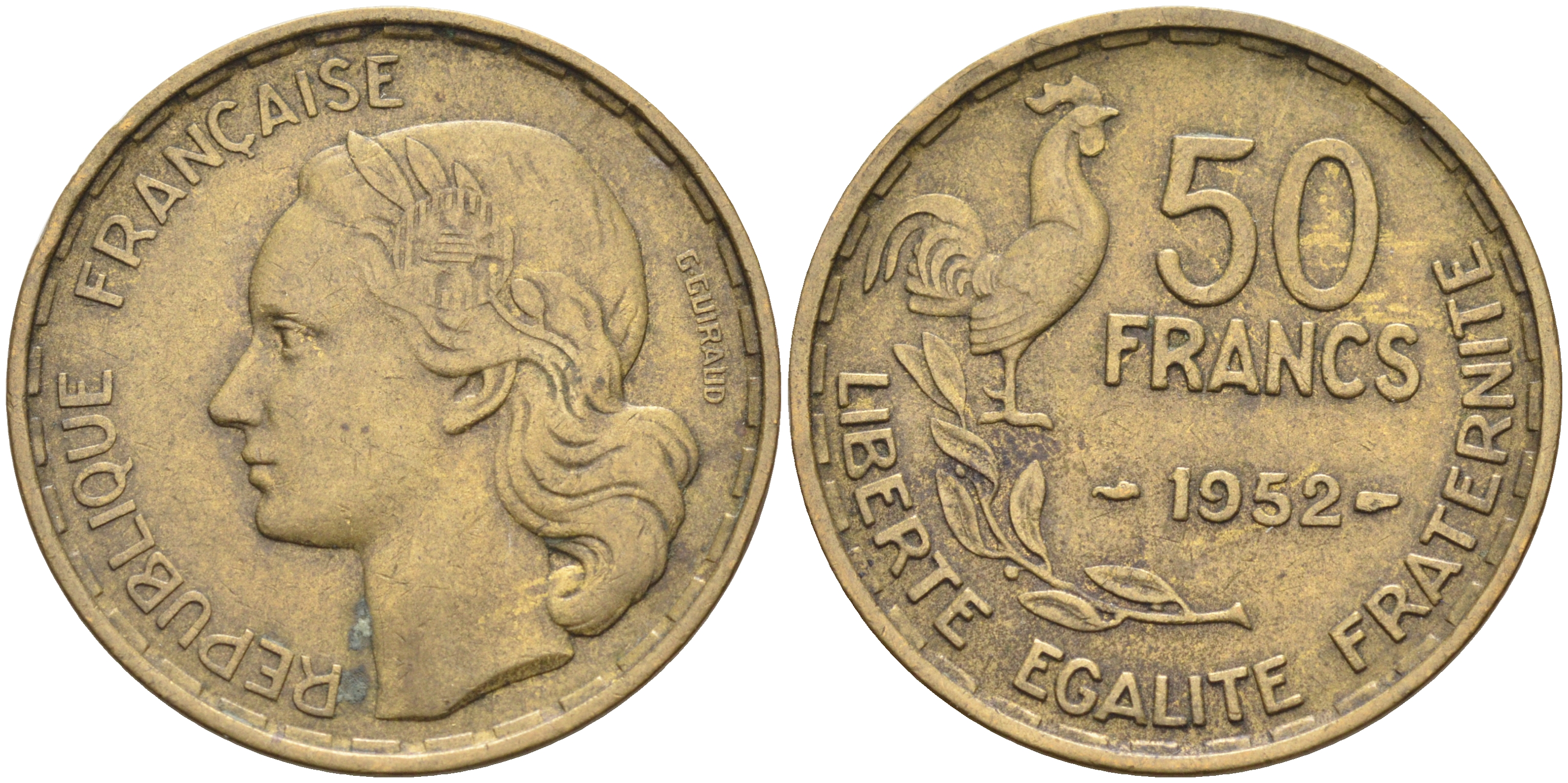 ФРАНЦИЯ 50 ФРАНКОВ 1952 KM 918.1 алюминиевая бронза 4590-545