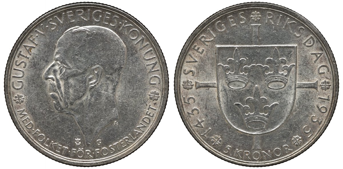 Швеция 5 крон 1935 G, Густав V (1907-1950), 500 лет Шведскому парламенту KM 806 серебро 4552-731