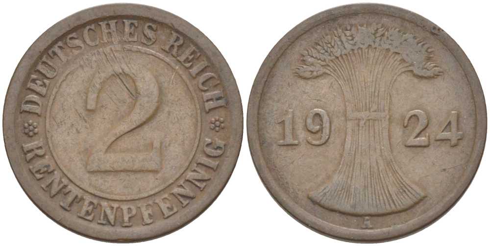 ГЕРМАНИЯ 2 РЕНТЕНПФЕННИГA 1924 A KM 31, J. 307, Weege 3 бронза 206-854
