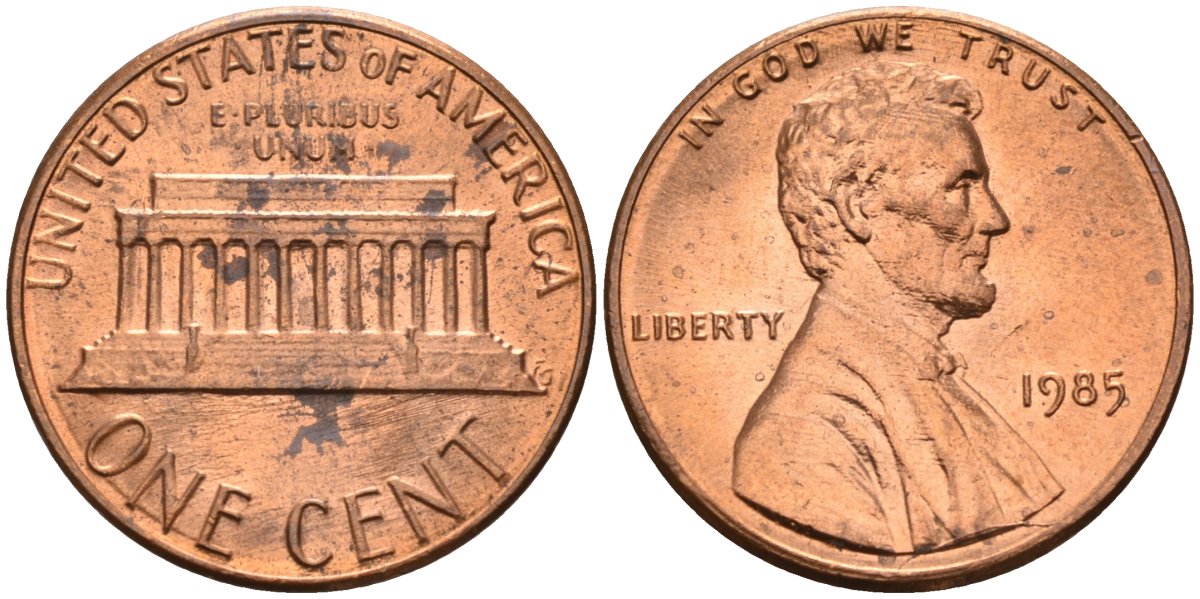 США 1 цент 1985 Линкольн KM 201b цинк плакированный медью 4580-421