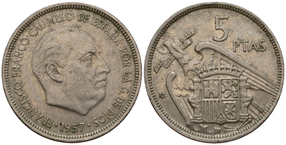 Испания 5 песет 1957 (74) Франсиско Франко (1939-1975) KM 786 медно-никель 186-751