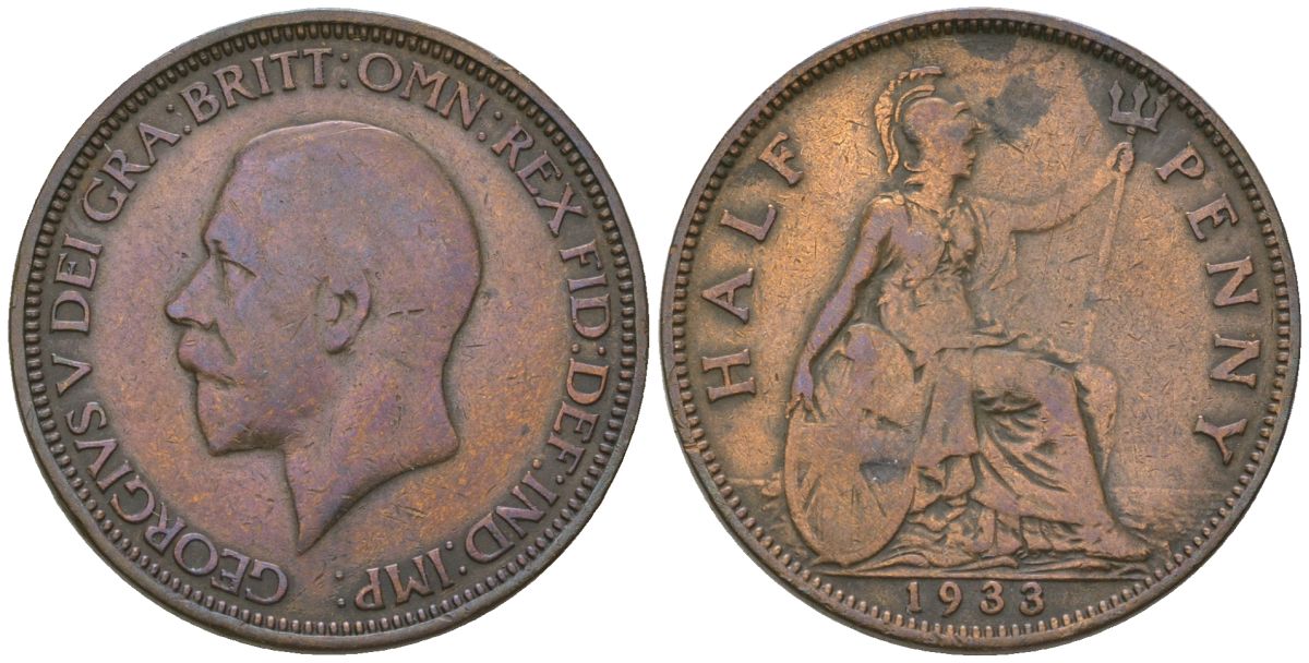 Великобритания 1/2 пенни 1933 Георг V (1910-1936) KM 837, Spink 4058 бронза 4163-1033