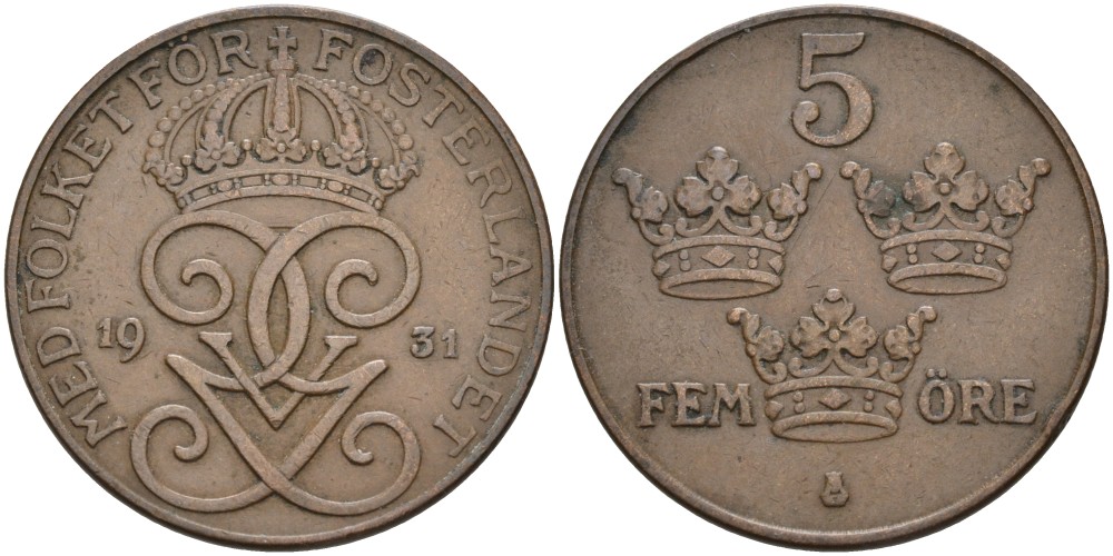 Швеция 5 эре 1931 Густав V (1907-1950) KM 779.2 бронза 4557-621