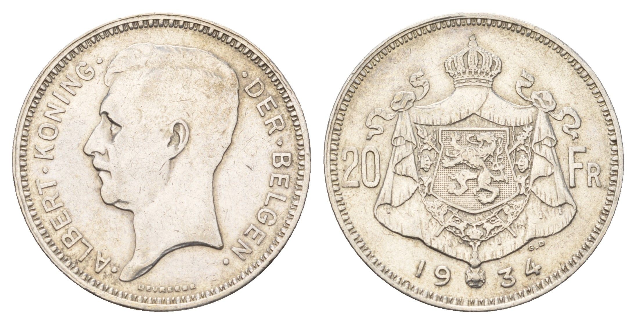 Бельгия 20 франков 1934 Der Belgen, Альберт I (1909-1934) KM 104 серебро 4675-812