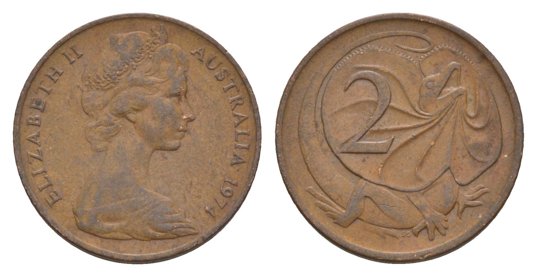 Австралия 2 цента 1974 Елизавета II (1952-2022), плащеносная ящерица KM 63 бронза 4655-839