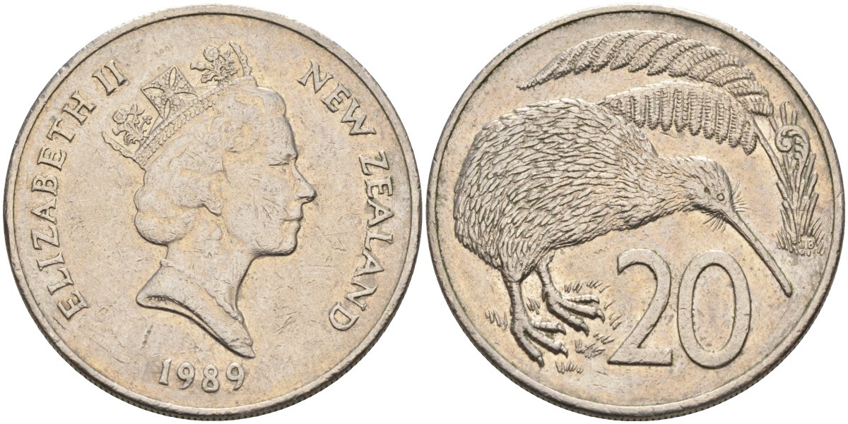 Новая Зеландия 20 центов 1989 Елизавета II (1952-2022), птичка киви KM 62 медно-никель 4131-1212