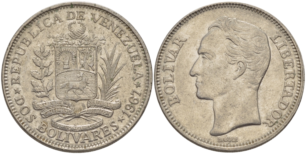 Венесуэла 2 боливара 1967 Симон Боливар KM 43 никель 82-1025