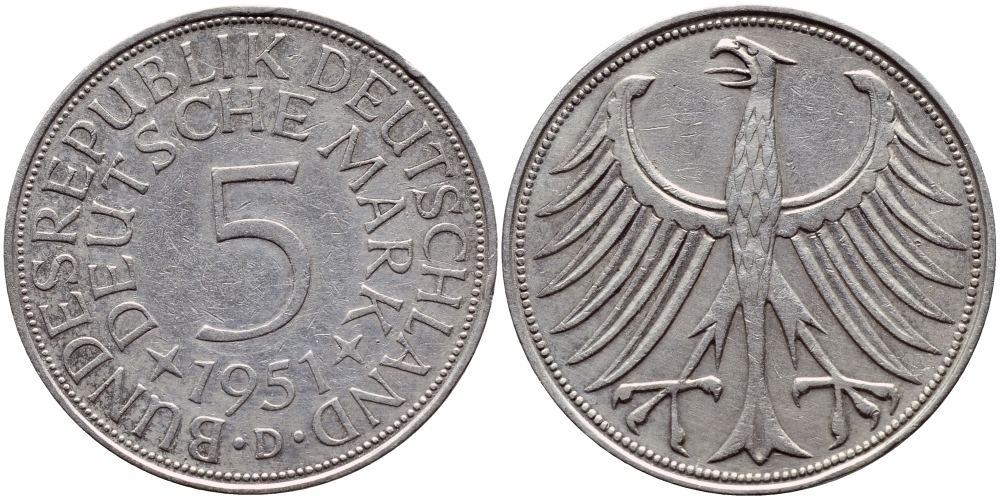 ФРГ 5 марок 1951 D KM 112.1, J.387 серебро 83-1135