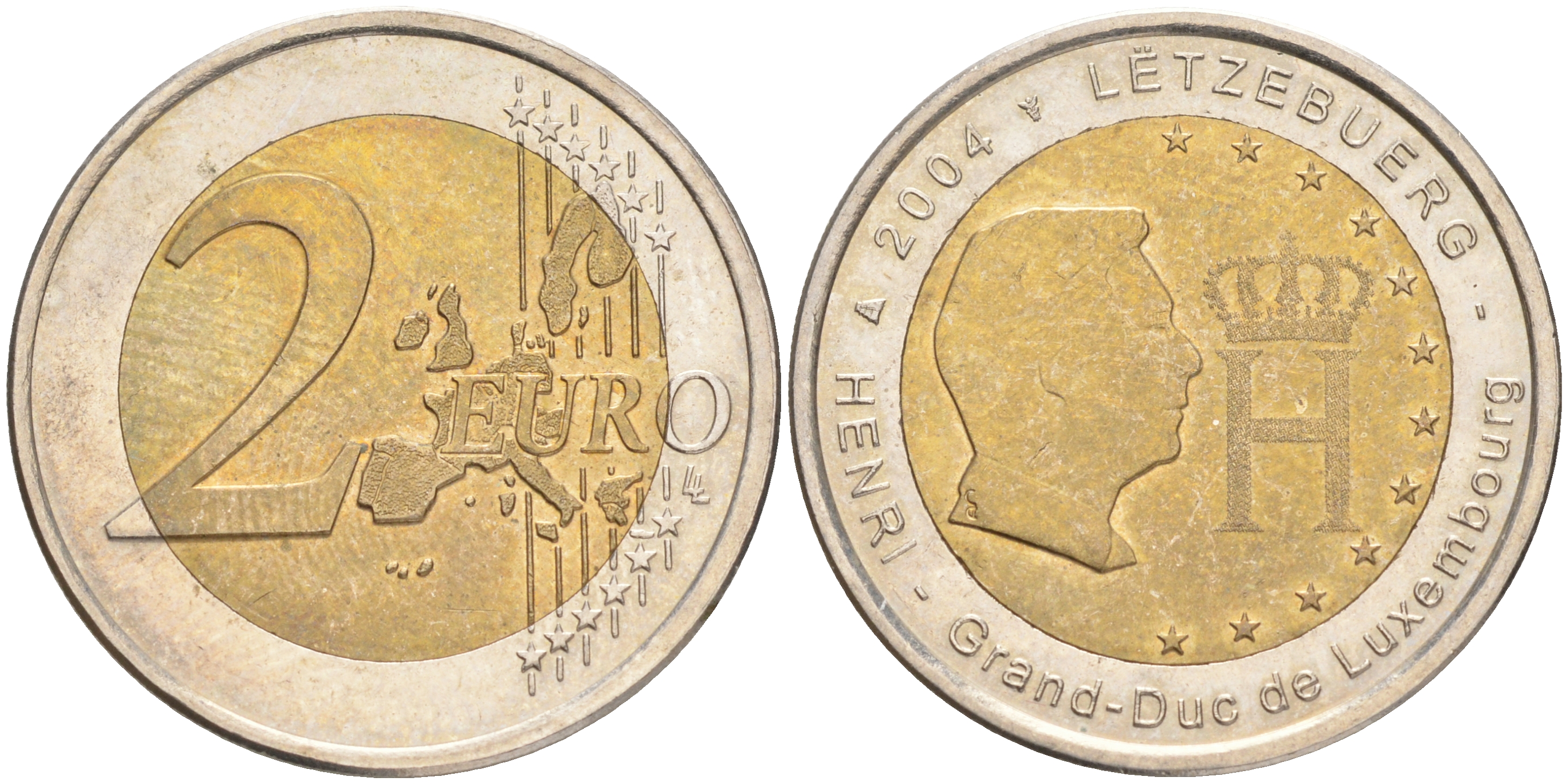 Люксембург 2 евро 2004 Портрет и монограмма герцога Люксембурга Анри Нассау KM 85 биметалл 4556-741