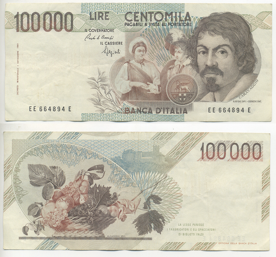 Италия 100000 лир 1983 Караваджо, фруктовый букет, подпись Speziali Pick 110b бумага 7220-23-3