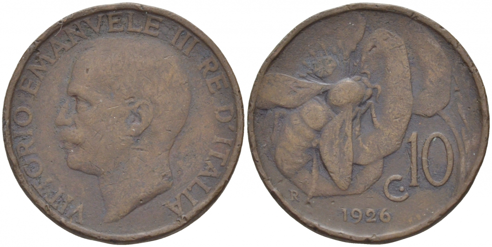 ИТАЛИЯ 10 ЧЕНТЕЗИМО 1926 R, ВИКТОР ИММАНУИЛ, ПЧЕЛА KM 60 медь 4544-1056