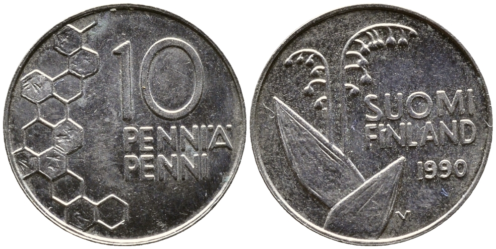 ФИНЛЯНДИЯ 10 ПЕННИ 1990 ЛАНДЫШ KM 65 медно-никель 26-955