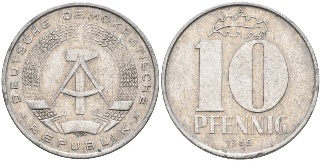 ГДР 10 пфеннигов 1968 А KM 10 алюминий 4571-655