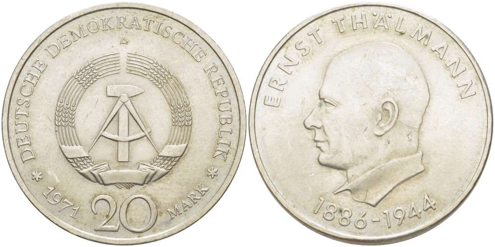 ГДР 20 марок 1971 A, 85 лет со дня рождения Эрнста Тельмана KM 34, J. 1535 медно-никель 4521-341