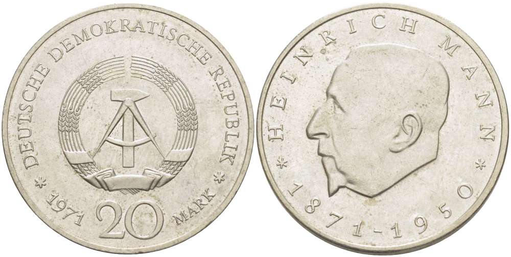 ГДР 20 марок 1971 А, 100 лет со дня рождения Генриха Манна (1871-1950) KM 33, J. 1531 медно-никель 4521-615