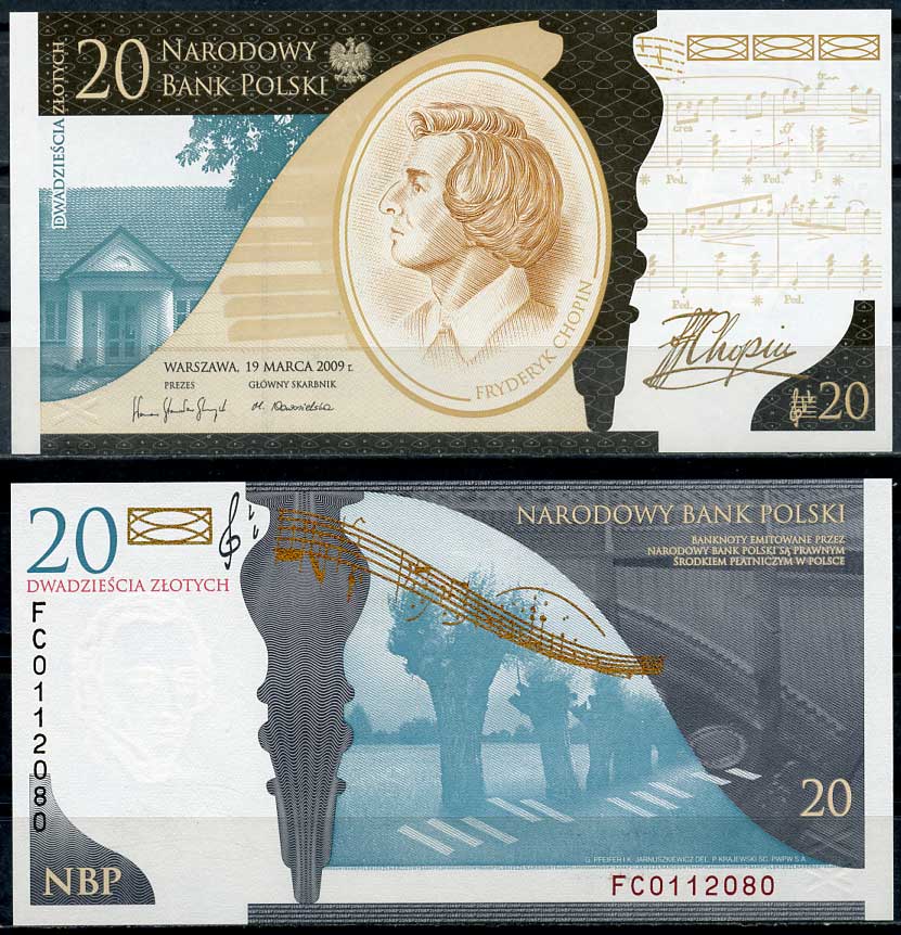 Польша 20 злотых 2009 200 лет со дня рождения Фридерика Шопена, ноты, мазурка, в оригинальном буклете Pick 181  бумага  UNC (пресс) 451-66-1