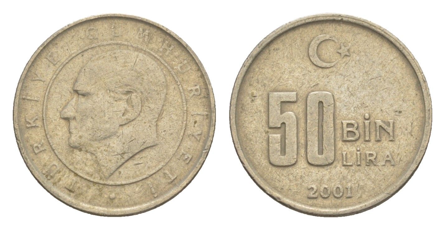 Турция 50000 лир 2001 Кемаль Ататюрк KM 1105 медь цинк никель 4647-648