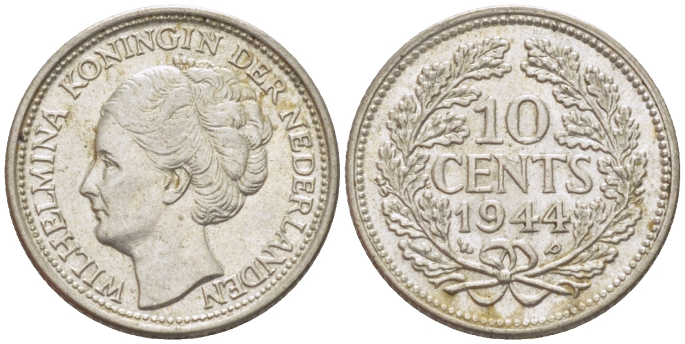 Нидерланды 10 центов 1944 Вильгельмина (1890-1948) KM 163 серебро aUNC 66-1247