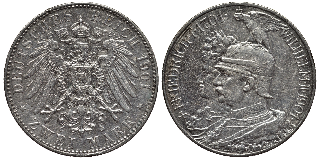 Пруссия 2 марки 1901 A, 200 лет Прусской королевской династии (Фридрих I - Вильгельм II) J.105, Weege 105, KM 525 серебро 443-944