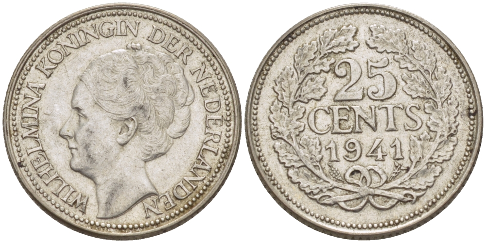 Нидерланды 25 центов 1941 Вильгельмина (1890-1948) KM 164 серебро aUNC 66-1143