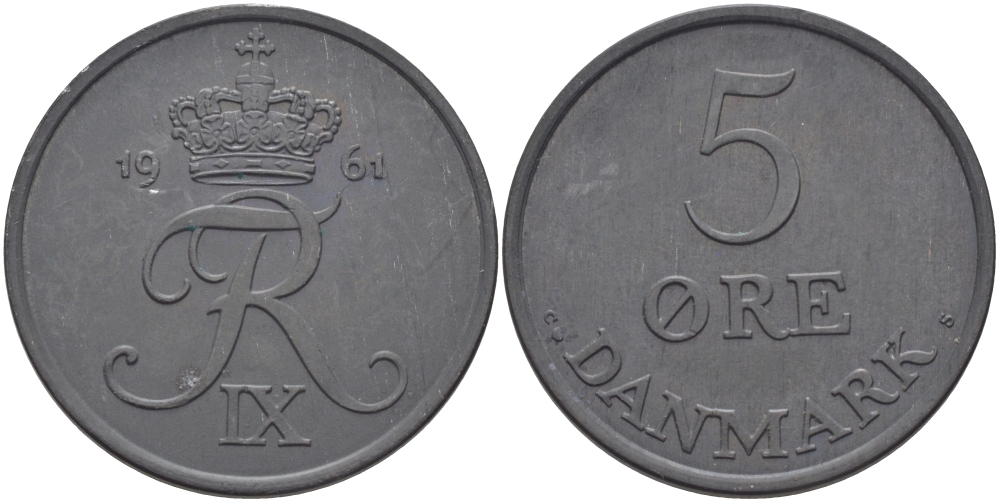 ДАНИЯ 5 ЭРЕ 1961 C; S, ФРЕДЕРИК IX (1947-1972) KM 843.2 цинк UNC 97-1211