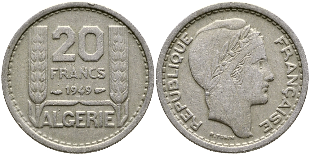 Алжир, Французский 20 франков 1949  KM 91 медно-никель 3999-516