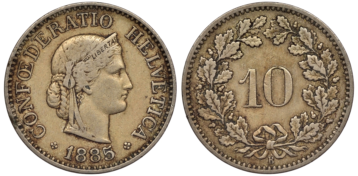 Швейцария 10 раппенов 1885 KM 27	медно-никель 4561-846